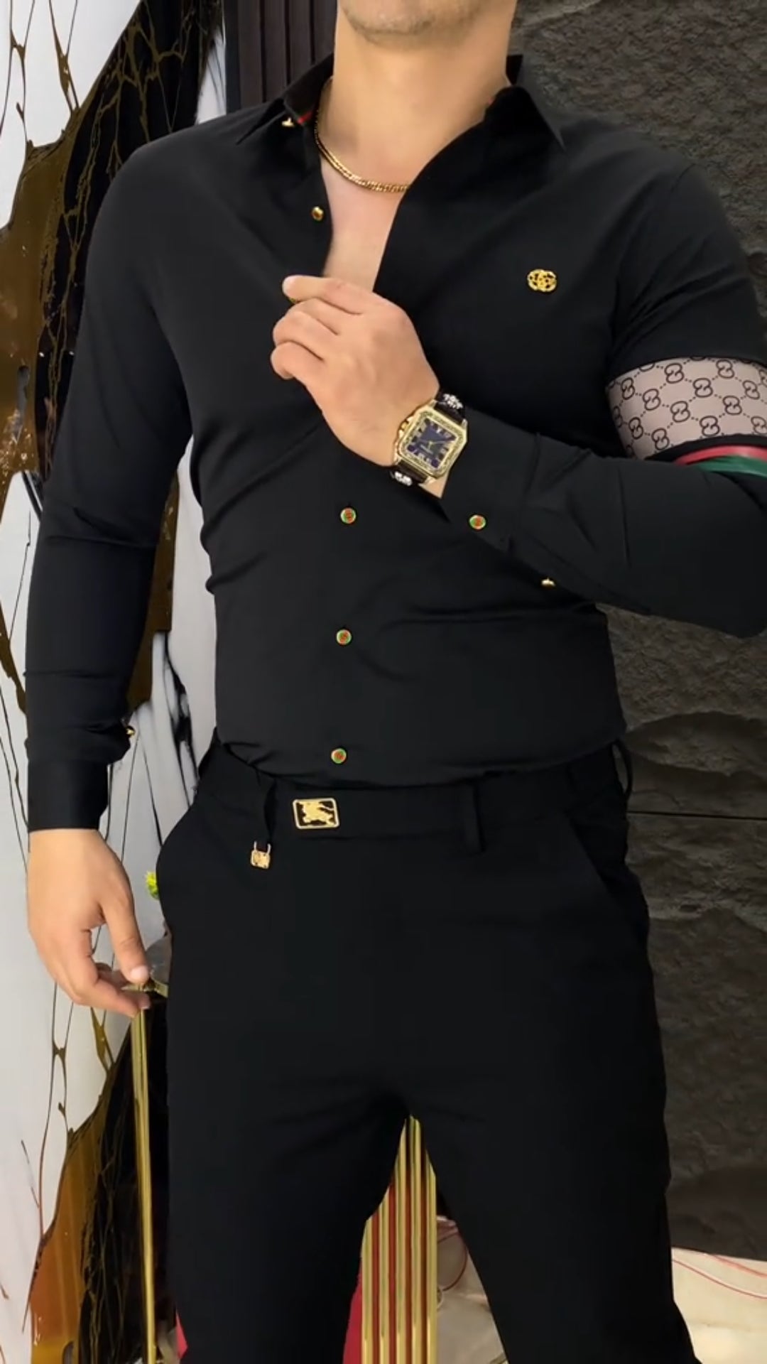 Men's Autumn Luxury Fashion Striped Shirt Set