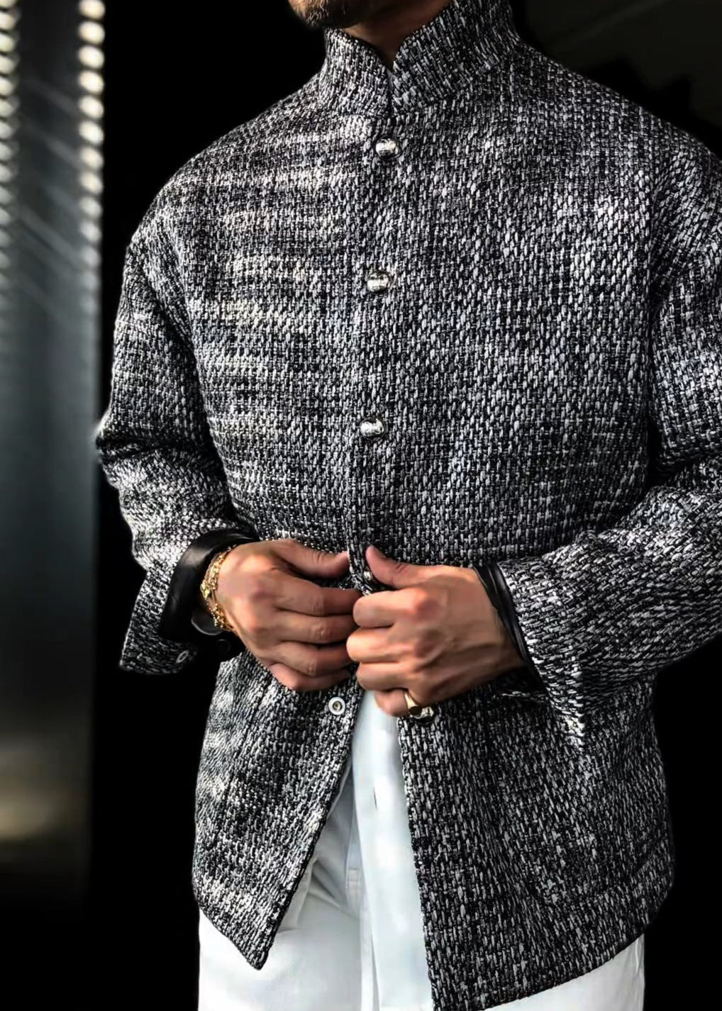 Men’s Stand-Collar Silver Gray Woven Slightly Relaxed-Fit Jacket