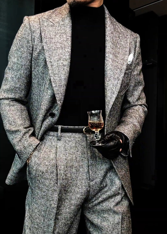 Men’s Autumn Deep Heather Gray Wide-Stitch Suit Set