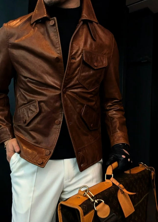 Men’s Collared Vintage Leather Jacket