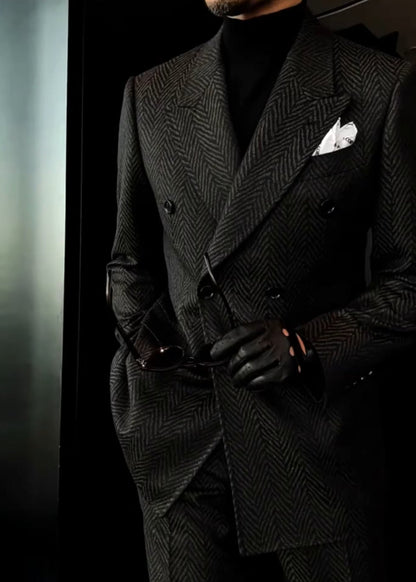 Men's Autumn Navy Blue Silver Herringbone Suit Set