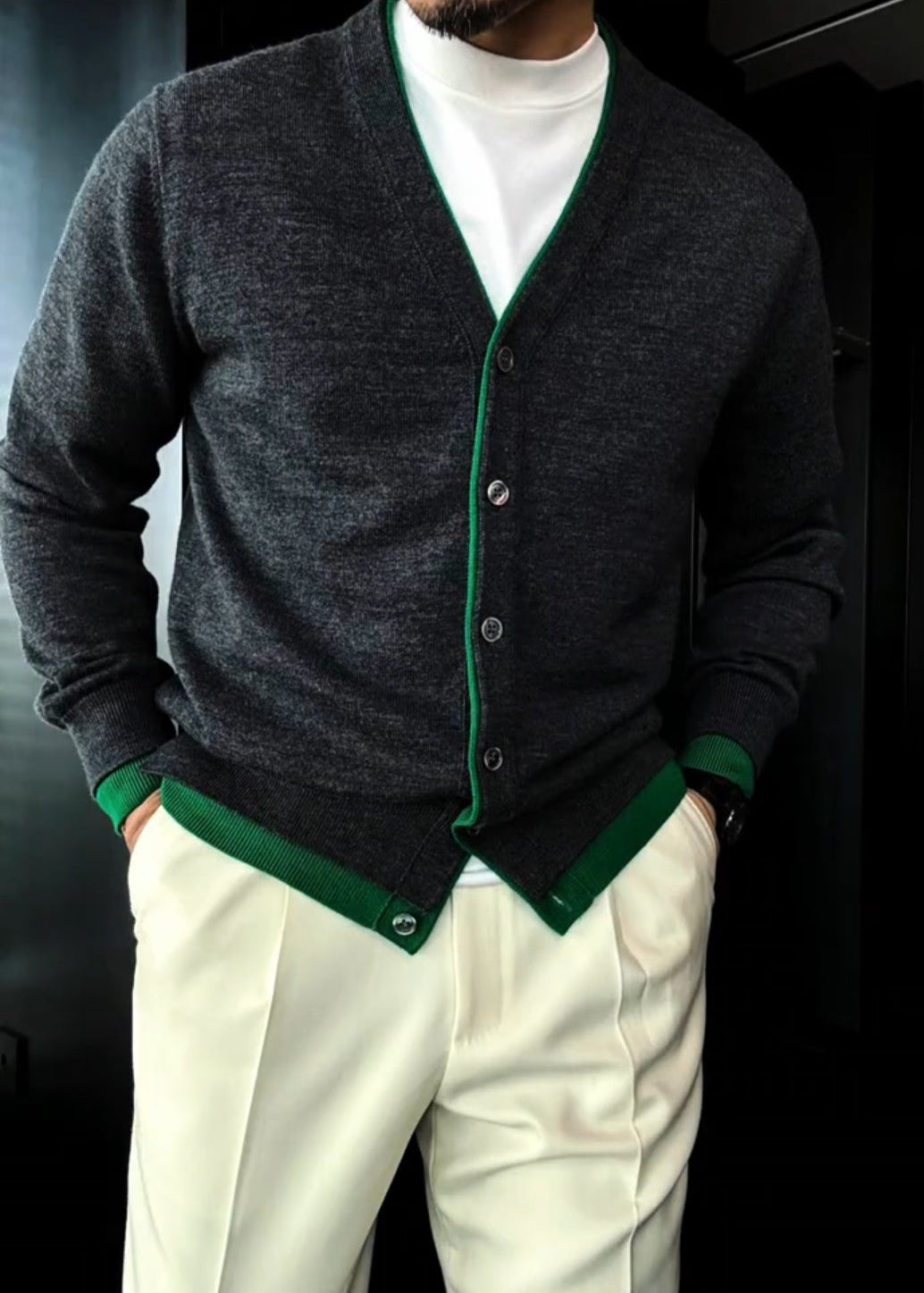 Men’s British-Style Color-Block Double-Layer Placket Wool Knitted Cardigan