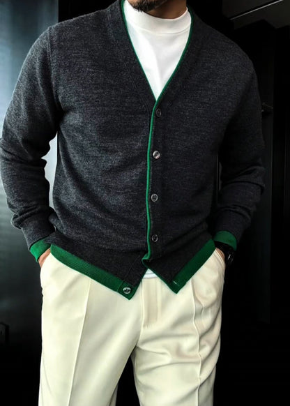 Men’s British-Style Color-Block Double-Layer Placket Wool Knitted Cardigan