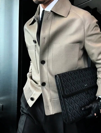 Men's Sheepskin Lychee-Grain Lapel Leather Jacket