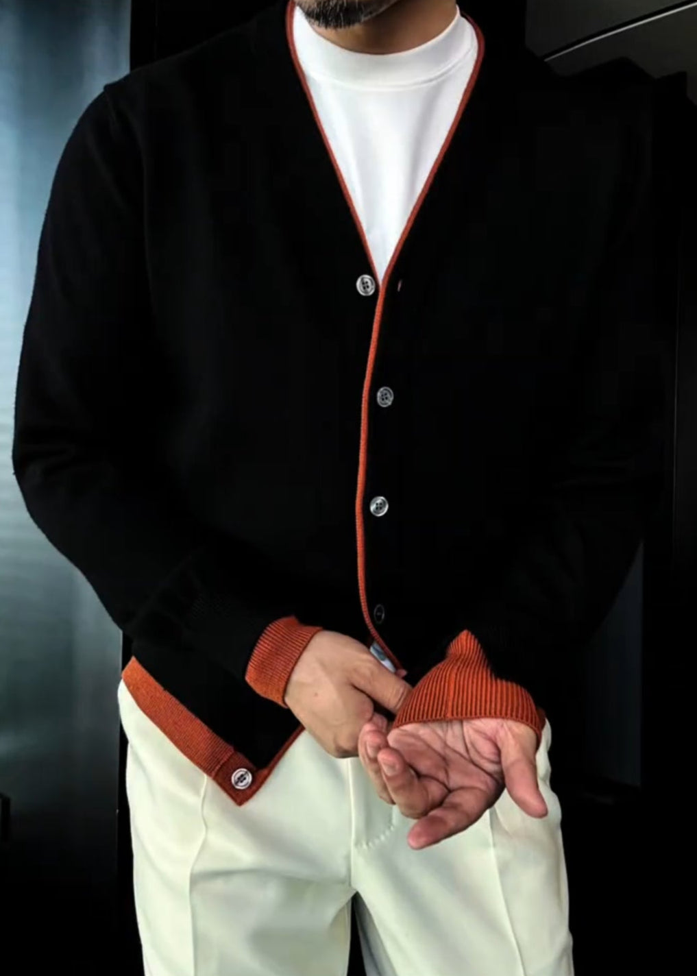 Men’s British-Style Color-Block Double-Layer Placket Wool Knitted Cardigan