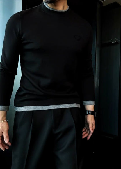 Men’s Versatile Color-Block Crewneck Top with Air-Layer Fabric & Chest Triangle Detail
