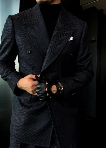 Men's Autumn Navy Blue Silver Herringbone Suit Set