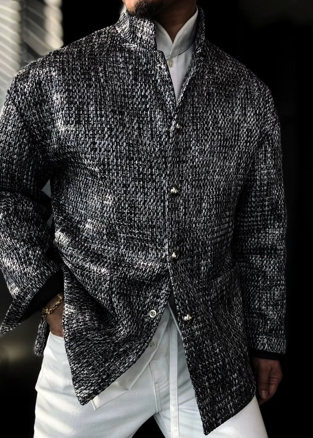 Men’s Stand-Collar Silver Gray Woven Slightly Relaxed-Fit Jacket