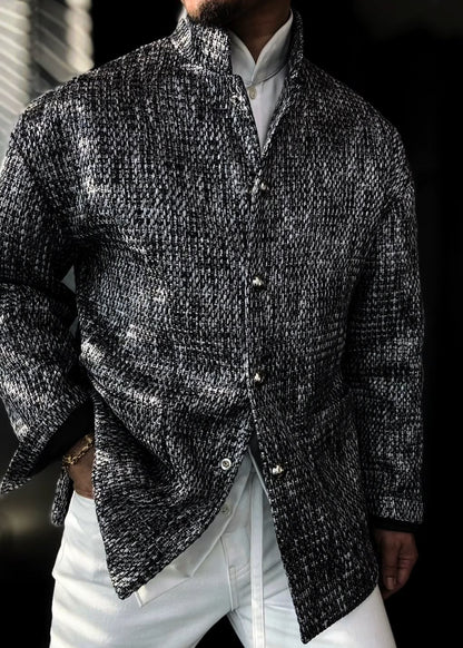 Men’s Stand-Collar Silver Gray Woven Slightly Relaxed-Fit Jacket