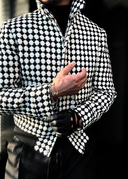 Men’s Black-and-White Collared 3D Jacquard Jacket