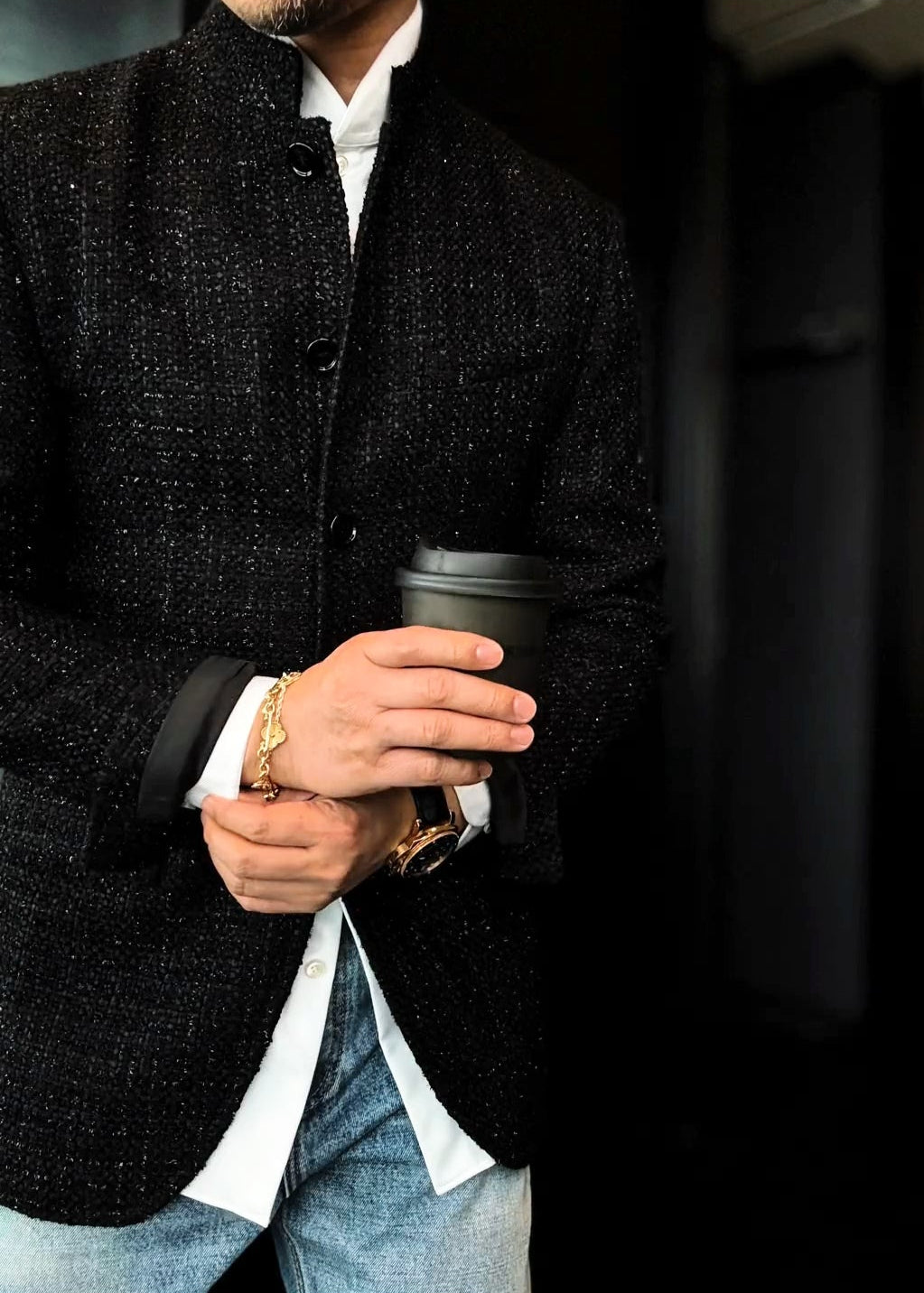 Men’s Black Chanel-Style Stand-Collar Fashion Jacket