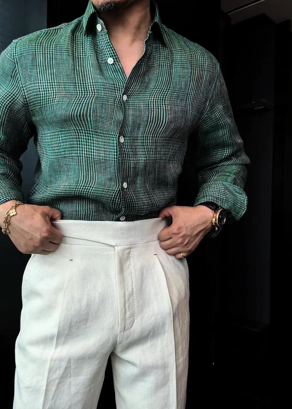 Men’s Slightly Relaxed-Fit Linen Plaid Shirt