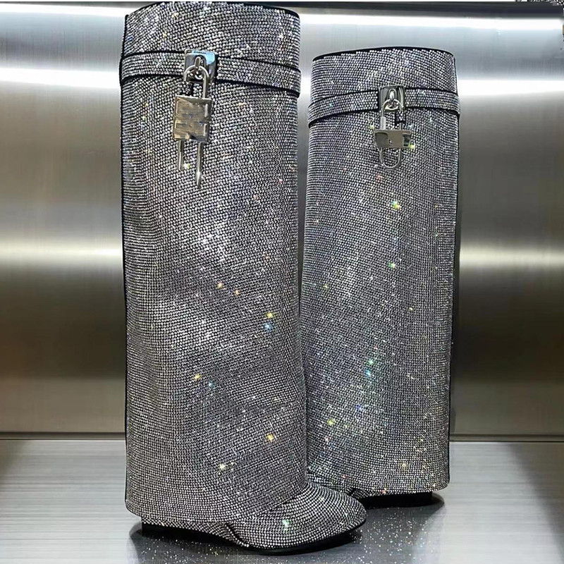 Women’s Pointed-Toe Wedge Knee-High Boots with Rhinestone Buckles