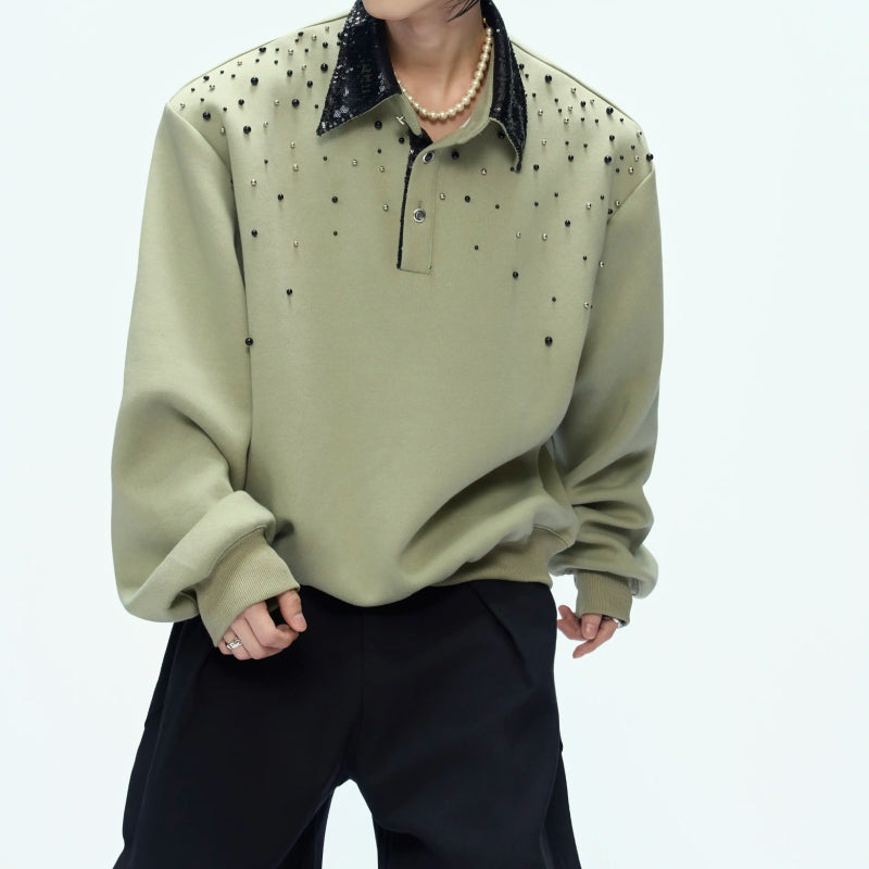 Men's Star-Pearl Sequin Collared Polo Shirt