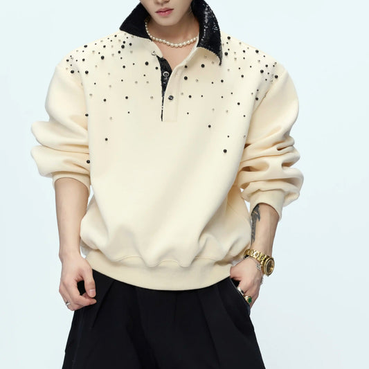 Men's Star-Pearl Sequin Collared Polo Shirt