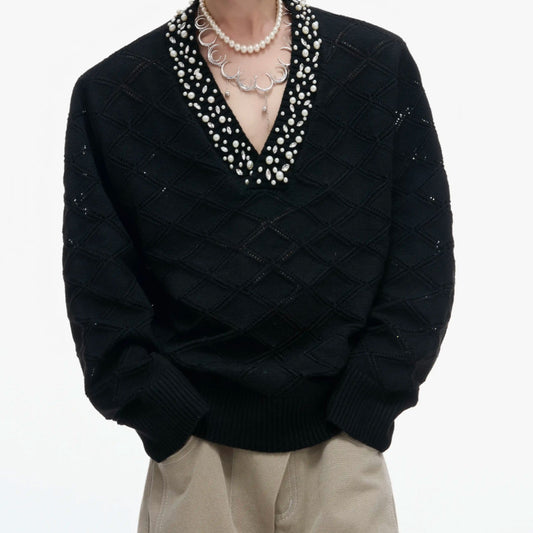 Men's Heavy-Detail Pearl Argyle V-Neck Knit Sweater