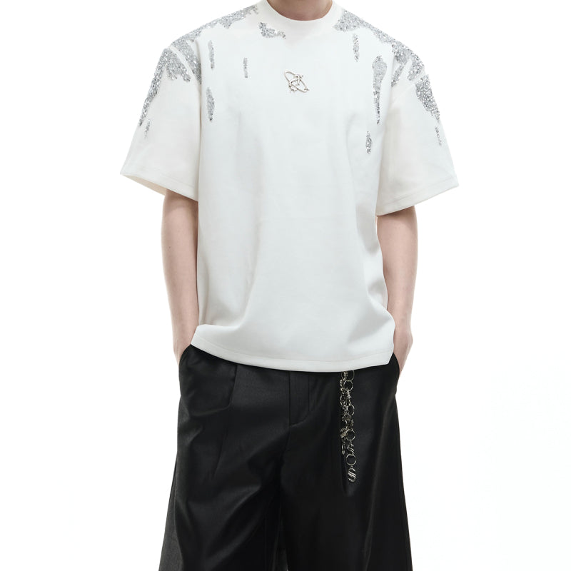 Men's Irregular Sequin Metallic Gold Short-Sleeve Top