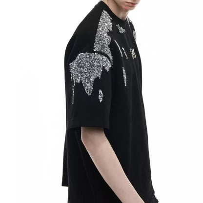 Men's Irregular Sequin Metallic Gold Short-Sleeve Top