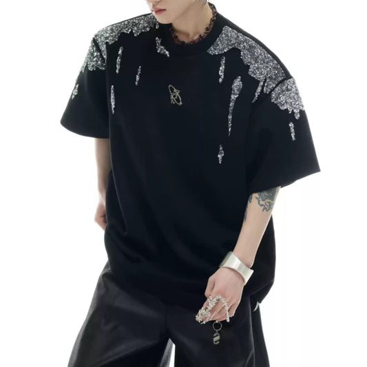 Men's Irregular Sequin Metallic Gold Short-Sleeve Top