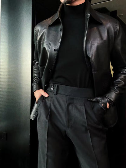 Men’s Leather Jacket with Woven Edge Detailing