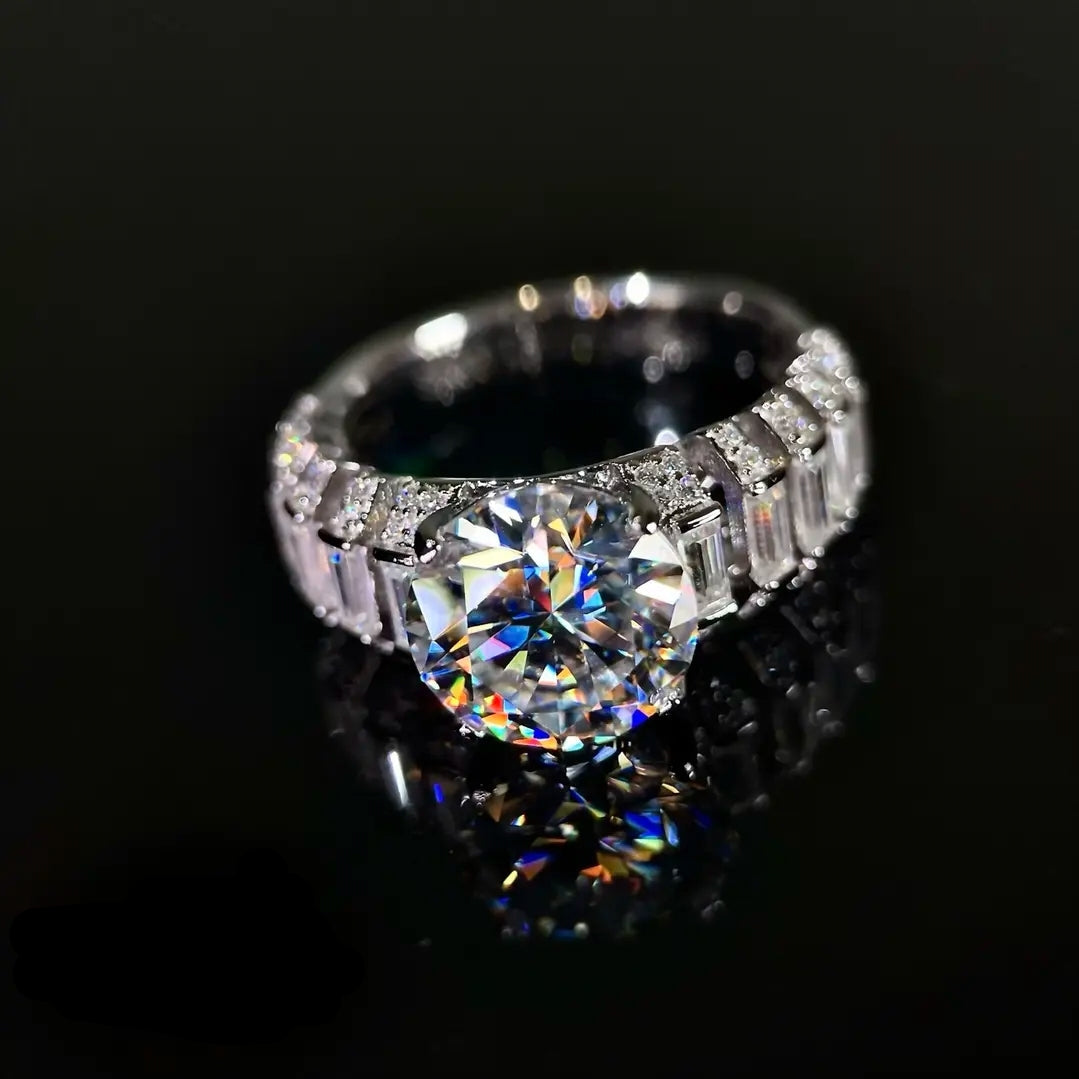 Luxury Round Moissanite Ring with Baguette Accent Diamonds