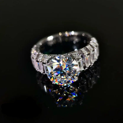 Luxury Round Moissanite Ring with Baguette Accent Diamonds
