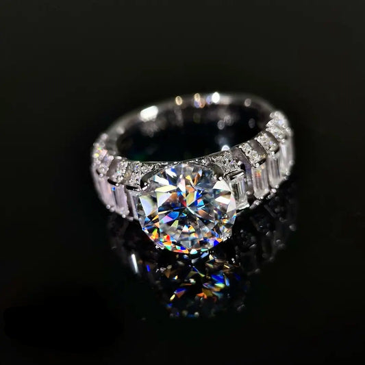 Luxury Round Moissanite Ring with Baguette Accent Diamonds