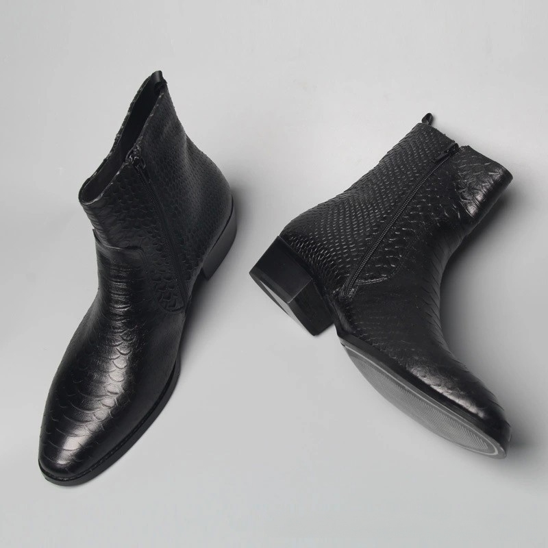 Pointed-Toe Genuine Leather Snake Print Martin Boots