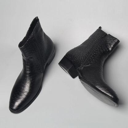 Pointed-Toe Genuine Leather Snake Print Martin Boots